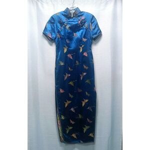 Chinese Traditional Women Dress Cheongsam Satin Blue Butterfly Embroidered READ